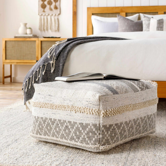 Geyser Woven White Gray Cotton Pouf - Brooklyn Wax - Poufs