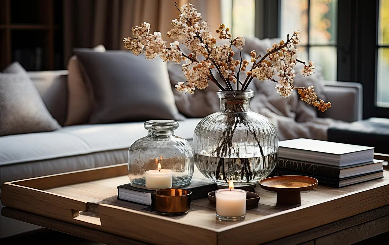 Decorative setup on a coffee table with vases, candles, and books in a living room.