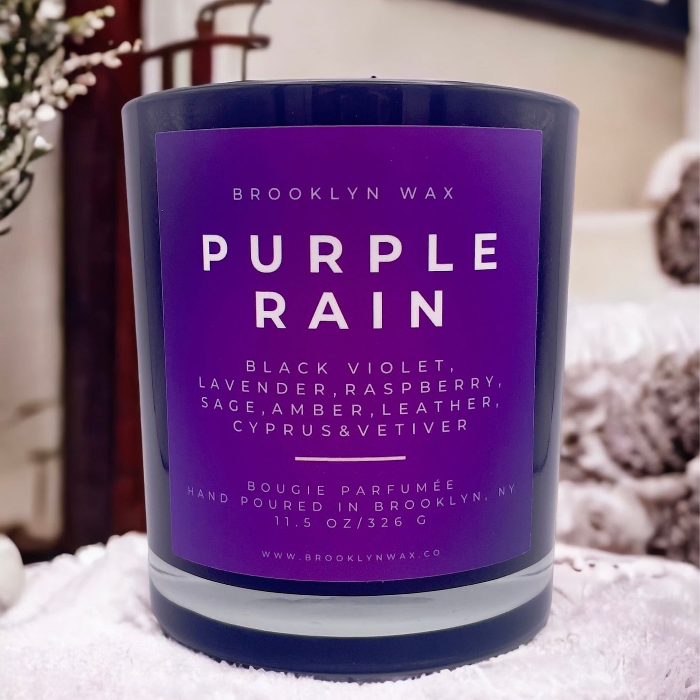 Purple Rain Scented Candle in a spa setting 11.5oz - Brooklyn Wax