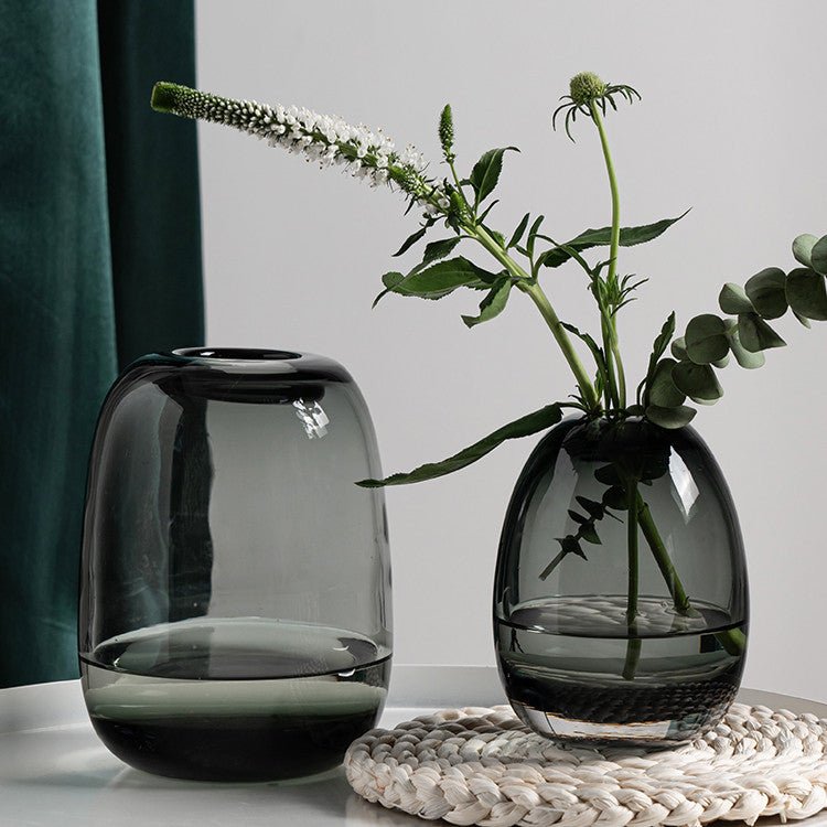 Round Ikebana Glass Vase set in Smoke Grey — minimalist weighted glass orbs, Brooklyn Wax Co.